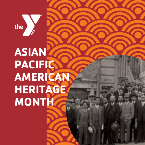 Red and orange graphic with circular historic image of first Chinatown YMCA in San Francisco