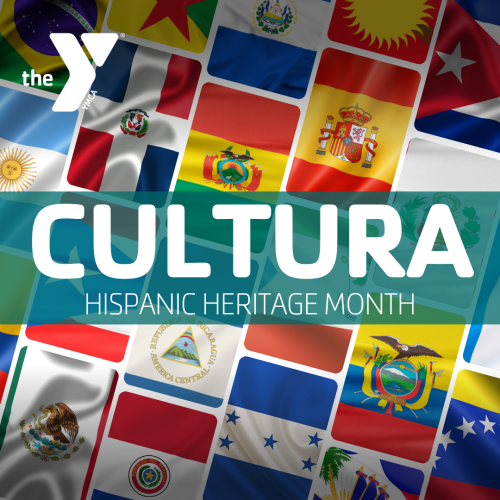 Flags of many hispanic nations adorn the background with text "Cultura. Hispanic Heritage Month"