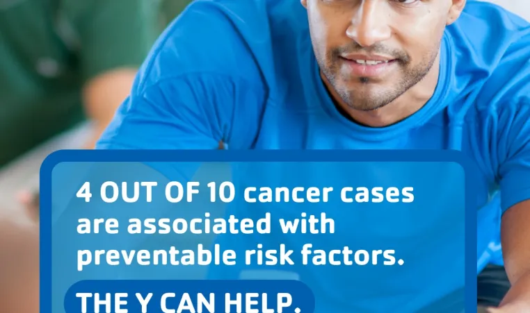 Kansas City YMCA graphic featuring a YMCA member working out on an exercise bike with a text overlay saying "4 out of 10 cancer cases are associated with preventable risk factors".