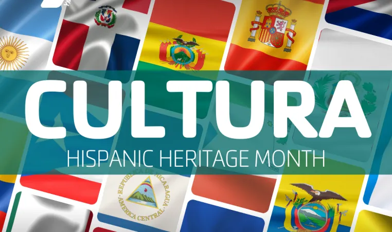 Kansas City YMCA graphic with a collage background of many Hispanic nations flags with text banner "Cultura Hispanic Heritage Month".