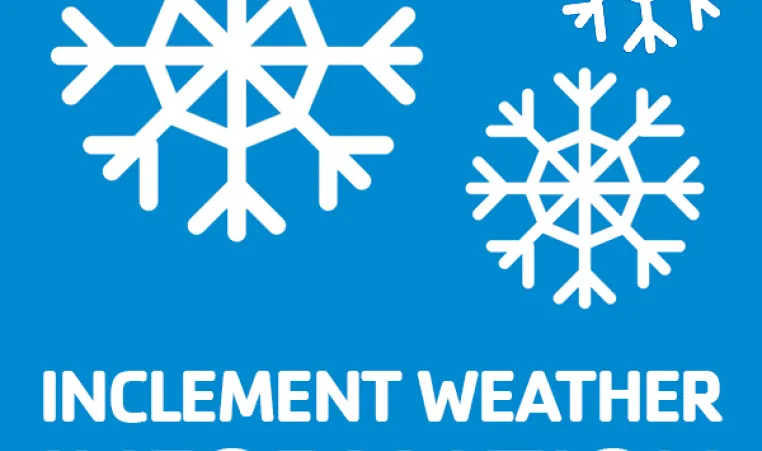 Kansas City YMCA graphic of snowflakes and the words "Inclement Weather Information" on a blue background.