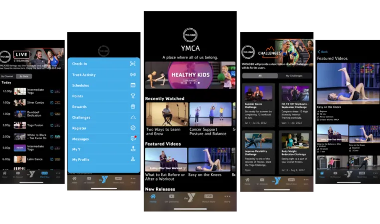 Seven mobile phones with different views of the new YMCA360 app