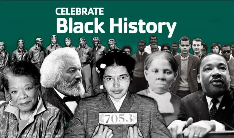 Graphic of black historical figures on a dark green background with the text "Celebrate Black History".