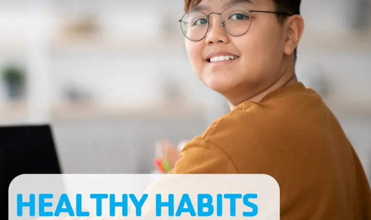 YMCA graphic. Healthy Habits Start Early, Childhood Obesity Awareness Month. Featuring an image of a child smiling.