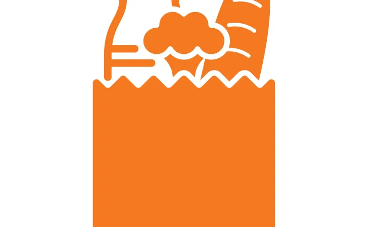 Graphic of a grocery bag with a loaf of bread, broccoli head, and jug peaking out of the top of the grocery bag.