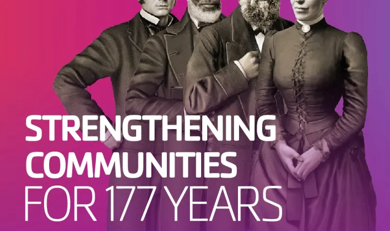 Y Graphic with text "Strengthening Communities for 177 Years" and "Founders' Day, June 6th". Background image is of the original Y Founders.