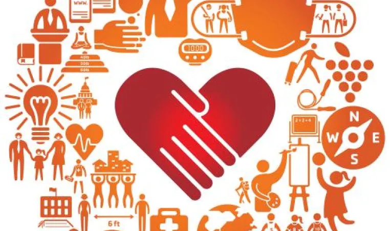 Health and Safety Graphic with a center element of people holding hands shaped like a heart. Various other graphic elements surround the heart that are related to health, safety, and community.