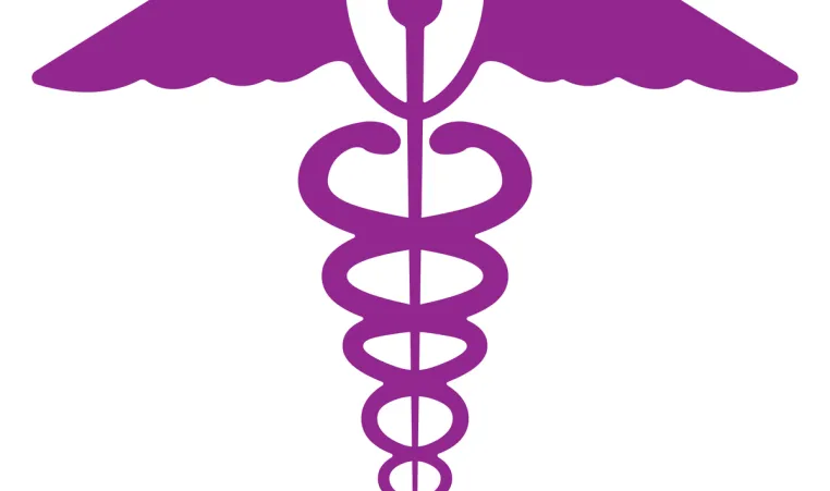 A medical symbol of a staff with two snakes coiled around the staff and wings stemming out of the top of the staff.