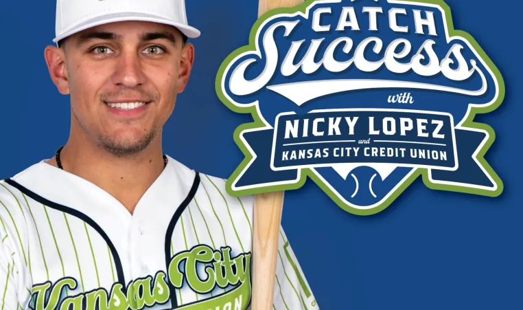 Nicky Lopez with Kansas City Credit Union jersey and baseball hat, holding bat, and the Catch Success logo.