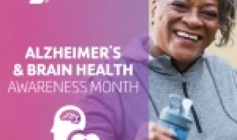 An older woman is smiling at the camera and is holding a water bottle. Graphic text says "Alzheimer's and Brain Health Awareness Month at the Y.