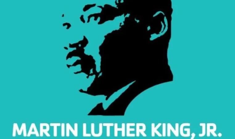 Teal graphic with black outline of Martin Luther King Jr. Text says, "Martin Luther King Jr. Day of Service"