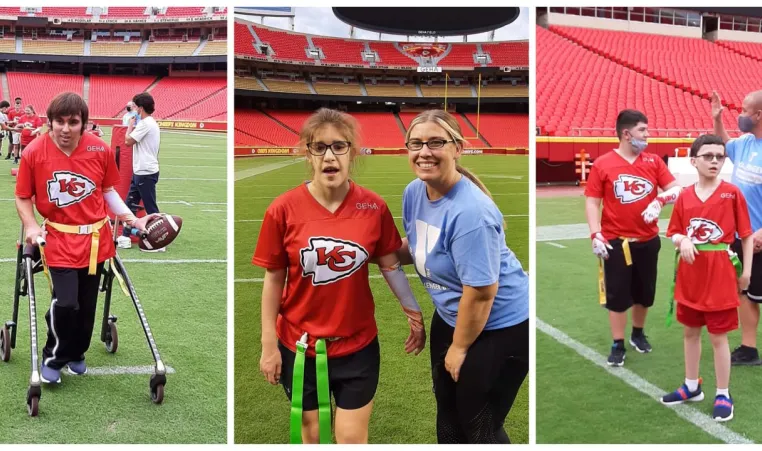 Left Photo: Challenger Athlete with football; Center Photo: Challenger Athlete and Y Volunteer; Right Photo: Two Challenger Athletes with Y Volunteer. All photos were taken in the GEHA Field Arrowhead stadium.