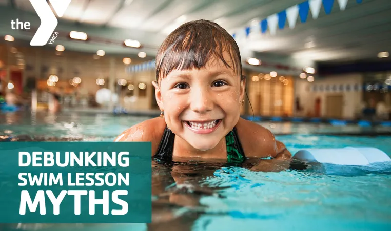 Y Graphic of a kid swimming with the help of a floatie with the text "Debunking Swim Lesson Myths".