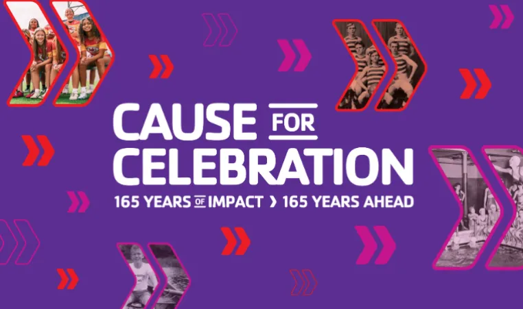 Cause for Celebration. 165 Years of Impact. 165 Years Ahead. Historic photo of camp in chevron shape graphic. Recent photos of adaptive basketball and active older adults in chevron shapes.