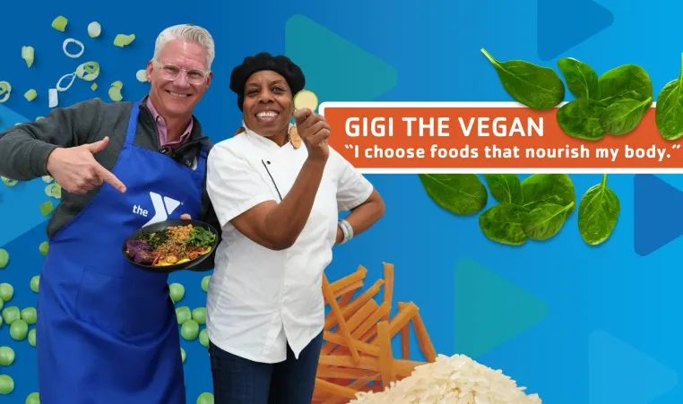 Photo of CEO Mark Hulet and podcast guest Gigi the Vegan. "I choose foods that nourish my body." 