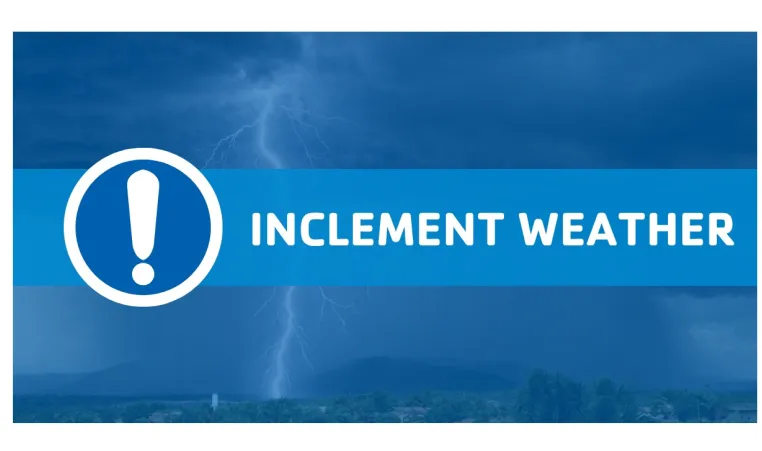 Graphic with "Inclement Weather" and photo of lightning in the background