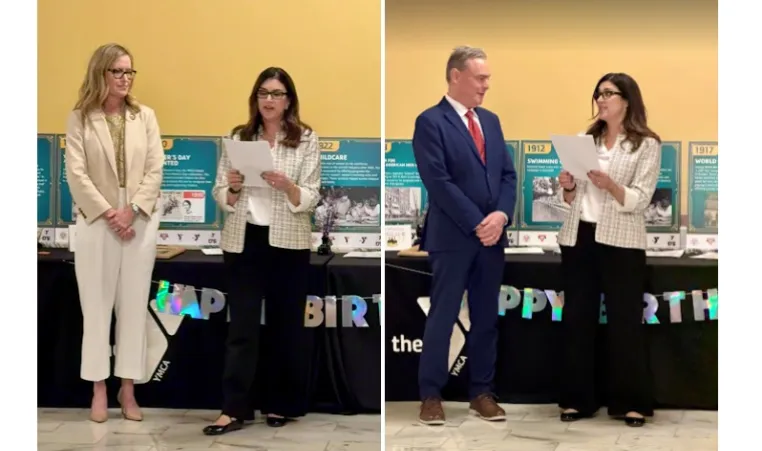 Photo collage - Jennifer Bruning, director of Kansas State Alliance of YMCAs, presents awards to Dinah Sykes and Sean Tarwater 