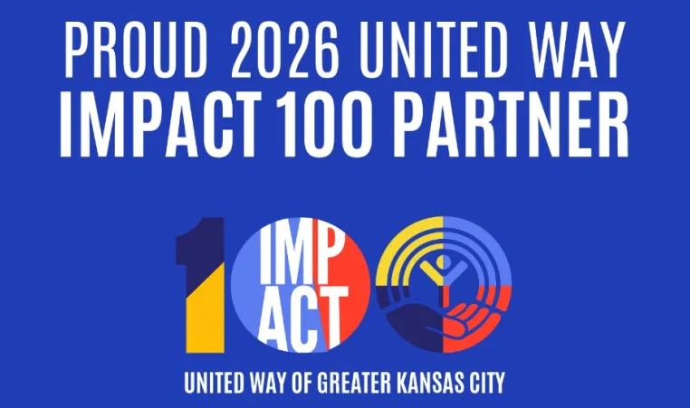 Proud 2026 United Way Impact 100 Partner. Impact 100 graphic. United Way of Greater Kansas City.