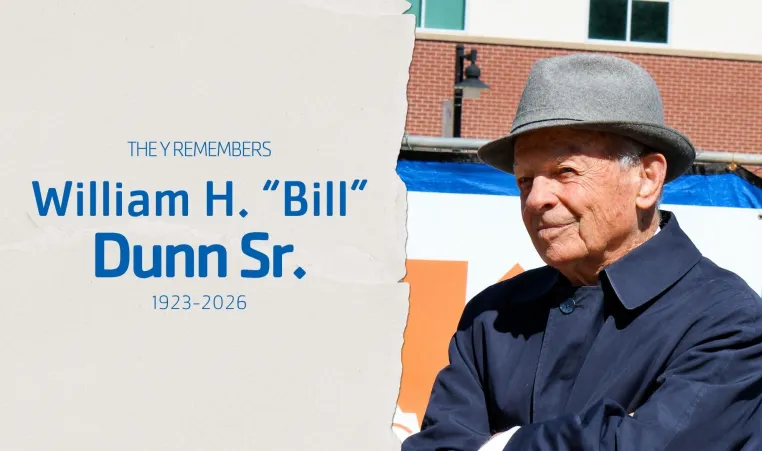Photo of William H. "Bill" Dunn Sr. at a groundbreaking event for the expansion at the Platte County Community Center South operated by the Y. Headline: The Y Remembers William H. "Bill" Dunn Sr. 1923-2026